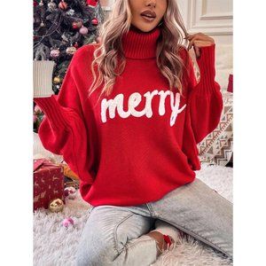 Merry Christmas Red Turtleneck Batwing Sleeve Sweater